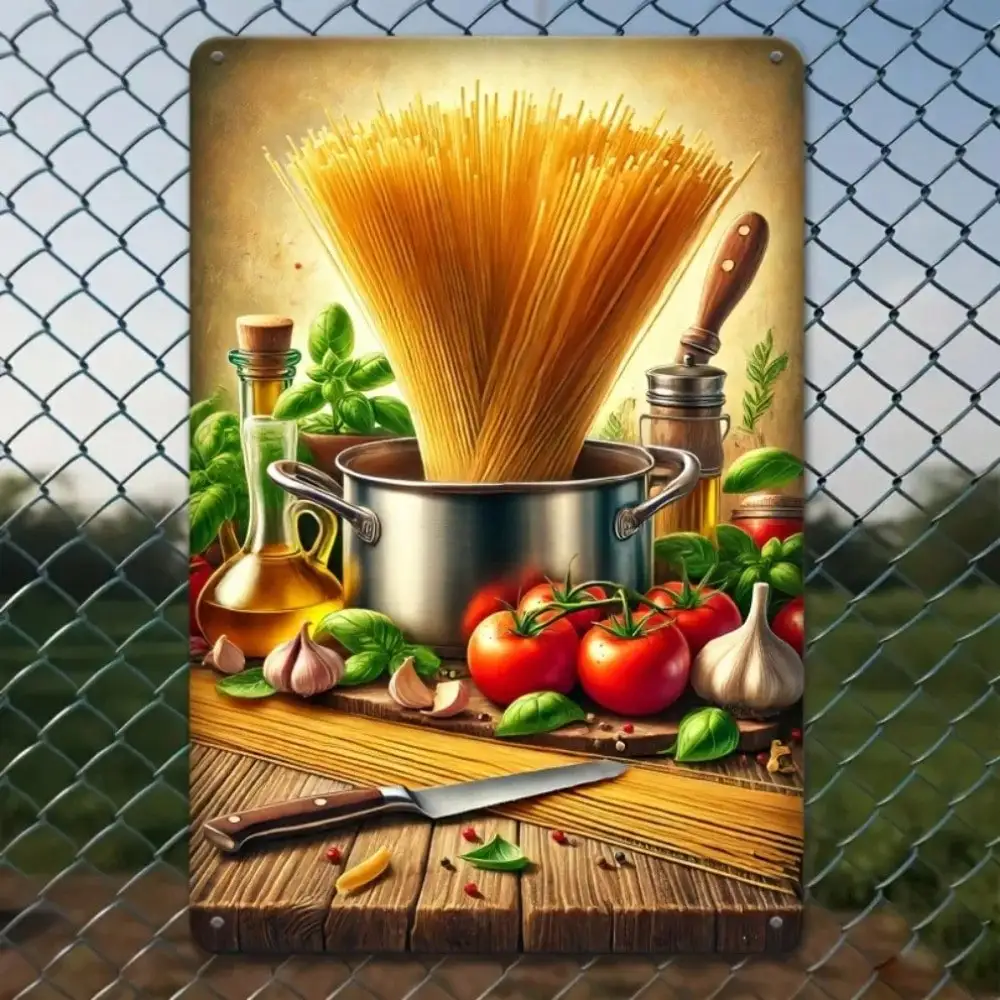 Letrero de metal con ingredientes de pasta rústica, decoración de cocina plana 2D (aglio albahaca de tomate espagueti) - Regalo decorativo de pared para amantes de los alimentos
