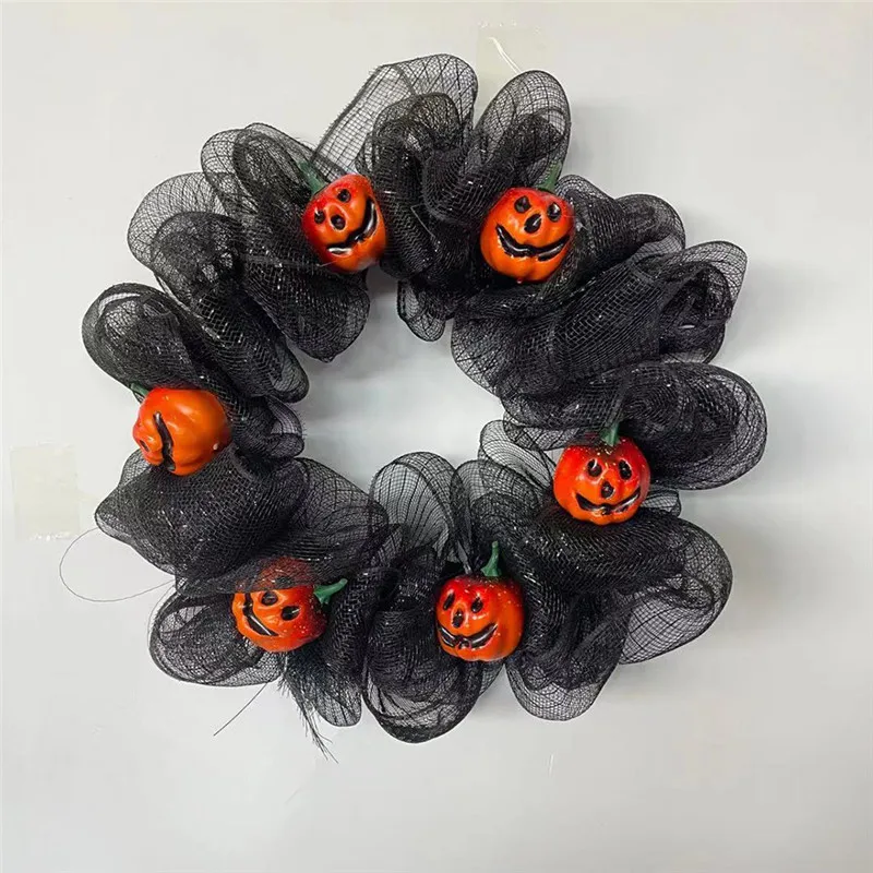 Couronne de Porte d'Halloween Artificielle d'Automne, Citrouille Noire et Orange, Tissu en Maille, Guirxiété pour Décoration Intérieure et Extérieure