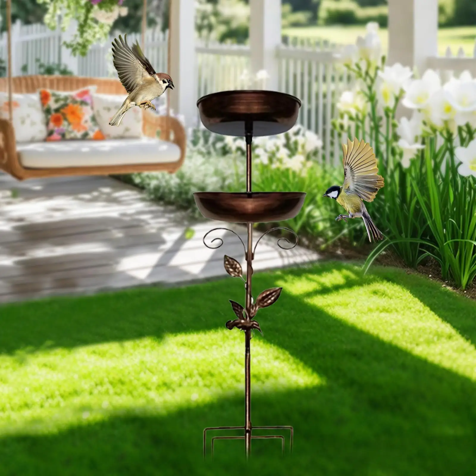 

Metal Bird Bath Birdfeeder Double Layer Gifts Ornament 37 inch Bird Feeder with Stake for Yard Outdoors Outside