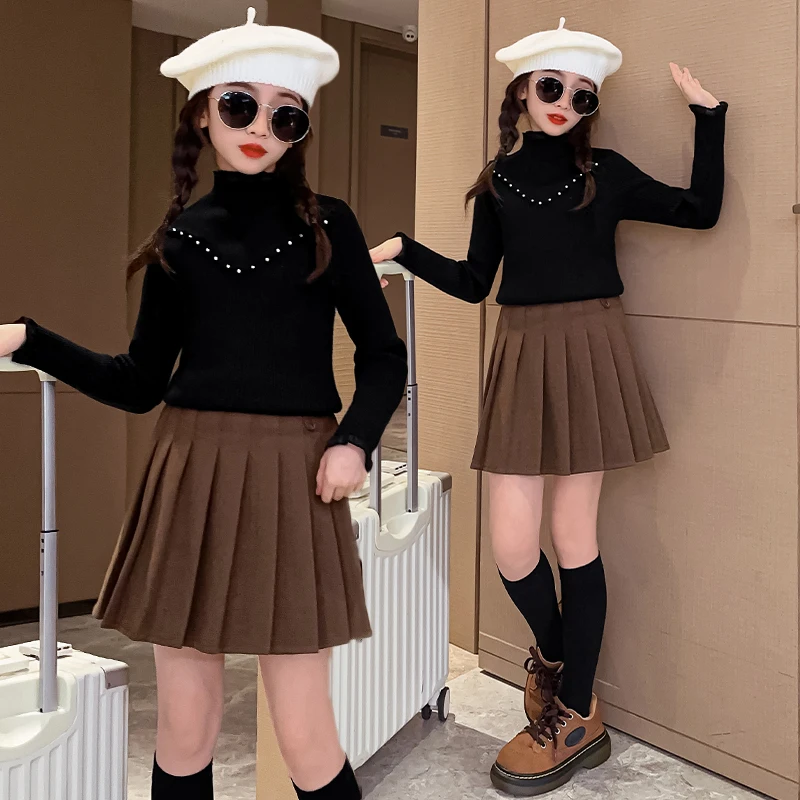 

Girls Sweater Spring Autumn Tops 2024 New Korean Style Big Children Fashionable Slim Beading Knit All-match Bottom Shirt TR341