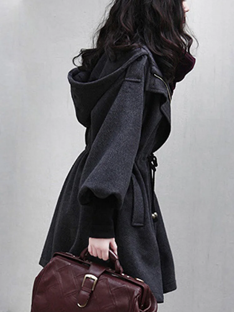 

Wool Blend Coats Womens Woolen Coat Black Women Winter Plaid Buttoned Double-Layer Drop Shoulder Flared Bell Sleeves Minimalist