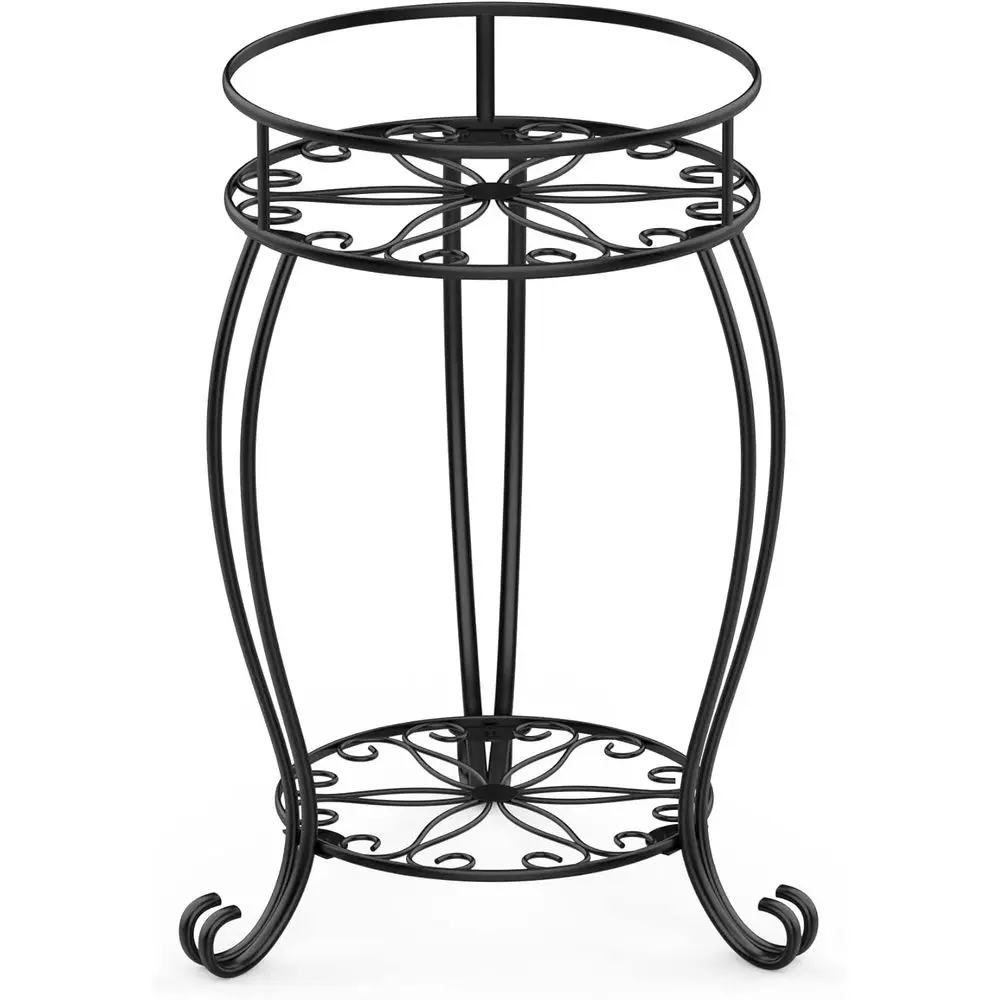 

Heavy Duty Metal Planter Holder Indoor Outdoor, 2 Tier Round Potted Supports Rack, Display Shel Black