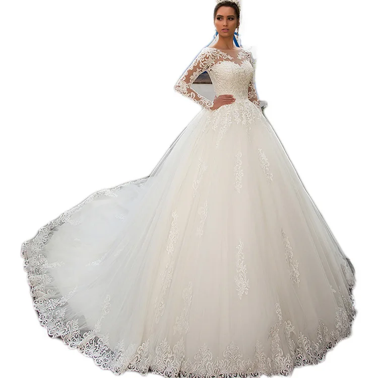 Abiti da sposa Abito da festa a maniche lunghe Classico strascico con bottoni sul retro Abito da ballo Abito da sposa lucido personalizzato