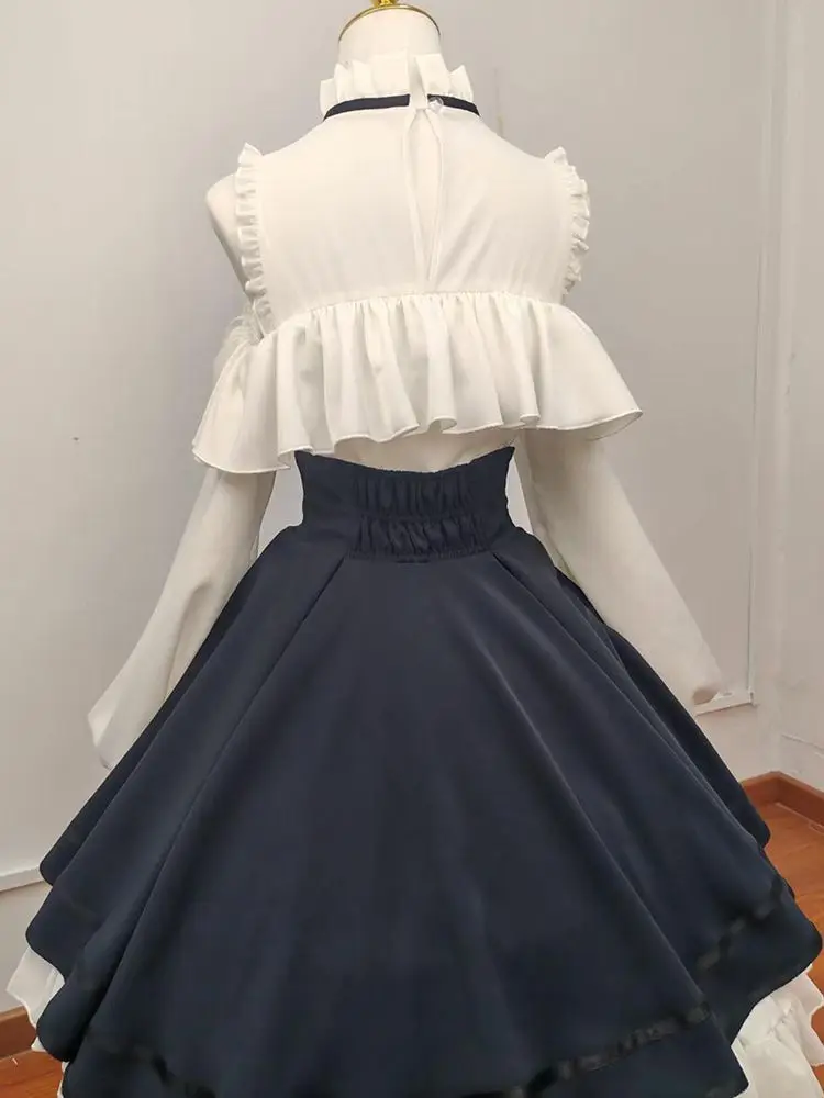 Japanese Lolita 2 Piece Set Women Off Shoulder Puff Sleeve Ruffle Bowknot High Waist Tiered Skirt Slim Fit Dress Kawaii Outfit
