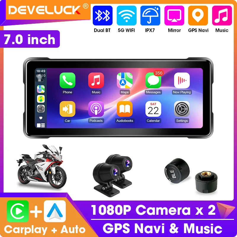

Develuck 7 inch Motorcycle Carplay GPS Navigation Wireless Android Auto Moto DVR IPX7 Waterproof Moto Display Screen BT Videoer