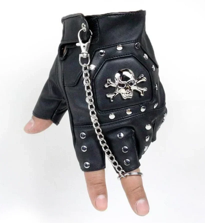 Punk Gothic Leather Pair Fingerless Biker Sports Mountain Gloves With Cranium Studded For Men