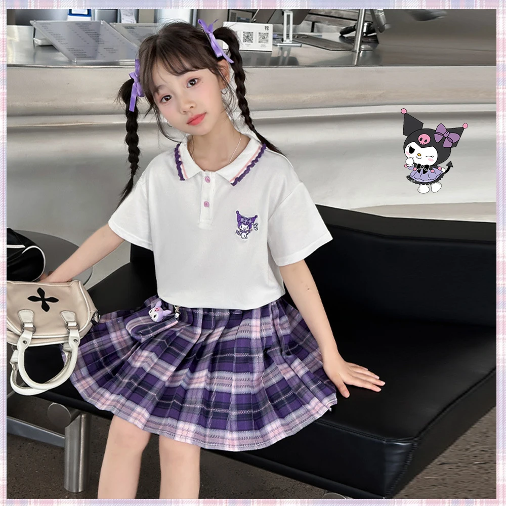 Anime Kuromi Sanrios Japanese Embroidery Junior Uniform Girls 2Pc Tshirt Skirt for Schoolchild Pleated Skirts Tops Outfits Kid