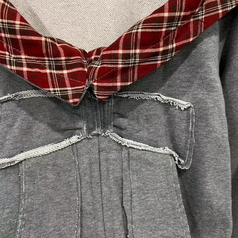 KBQ Solid Spliced Zipper Casual American Retro Coats for Women Hooded Long Sleeve Patchwork Pockets Chic Coat Female Fashion New