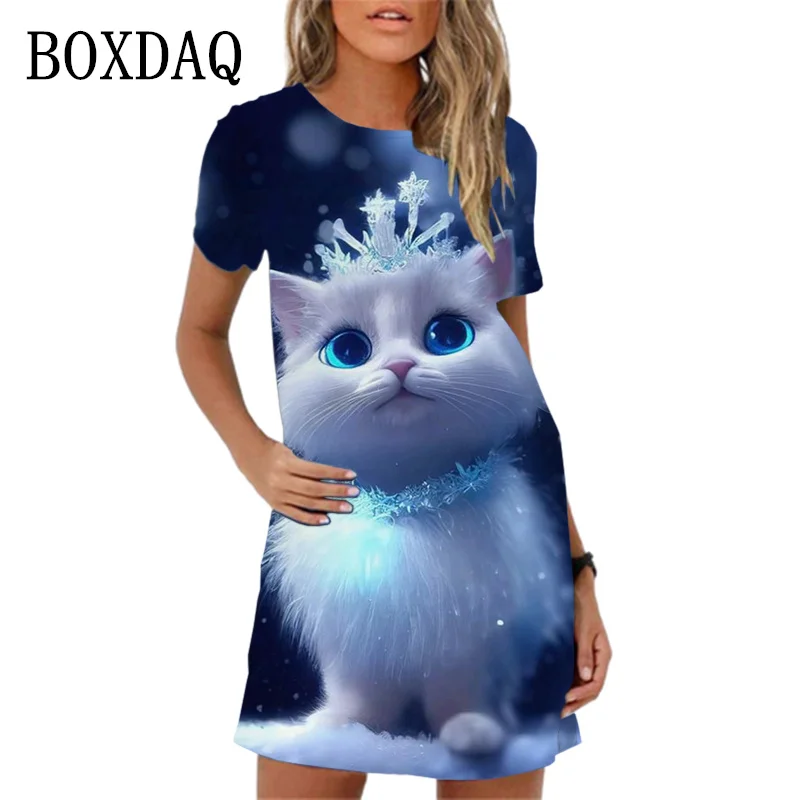 2024 New Women Spring Summer Dress Hip Hop Abstract 3D Cat Pattern Short Sleeve Mini Dress Casual O-Neck Loose Female Girl Dress