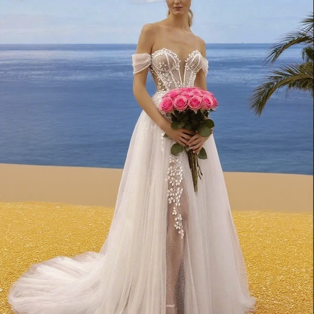 Customized off-the-shoulder style, Viste 3D floral lace, romantic bohemian style, bridal formal wedding dress