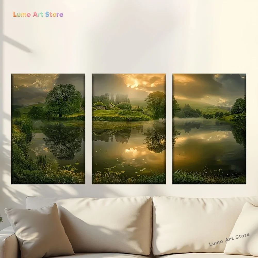 [2D Flat] 3pcs/Set, Canvas Painting--Unframed, Lake Forest in The Mist, Posters And Prints, Library, Office, Living Room, Bar