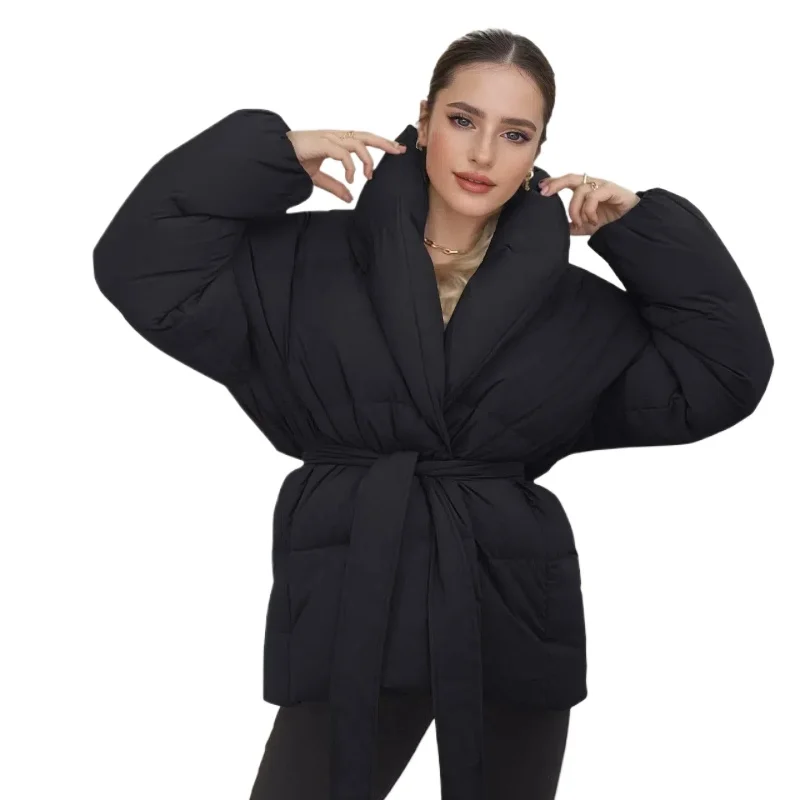 Winter Jacket Women Black Bubble Coat V Neck Wrap Belted Fashion Puffer Parka Invisible Pockets 2024 New Hot Sales