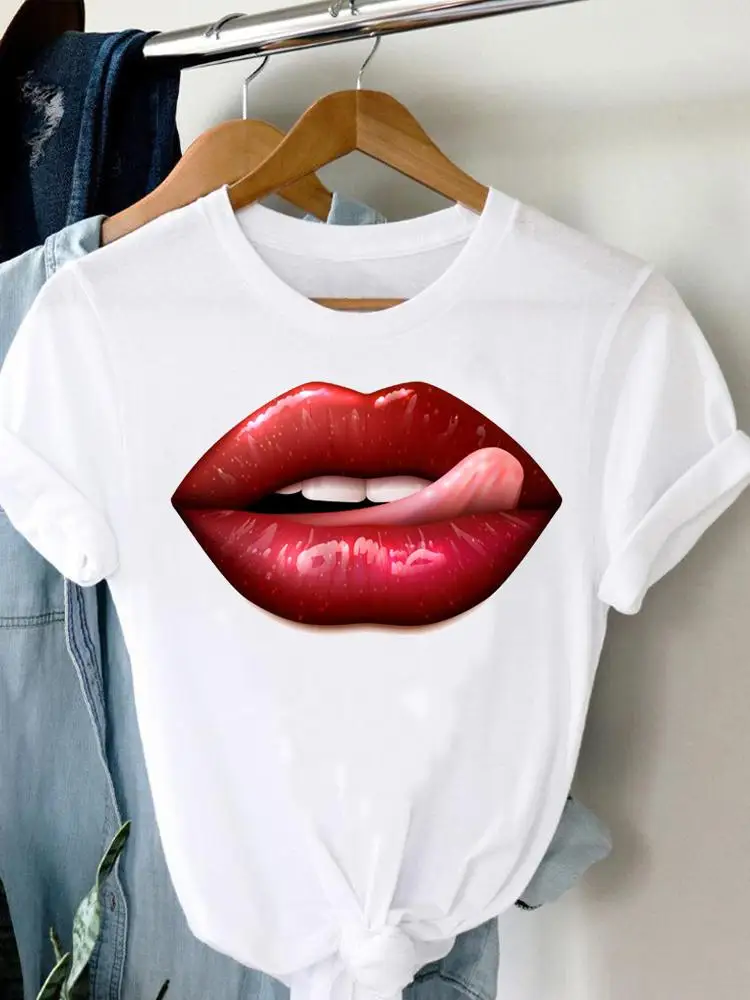 

Women Short Sleeve Tee Lady Fashion Summer Top Clothes Tshirt Watercolor 90s Lip Lovely Female Casual Regular Graphic T-Shirt