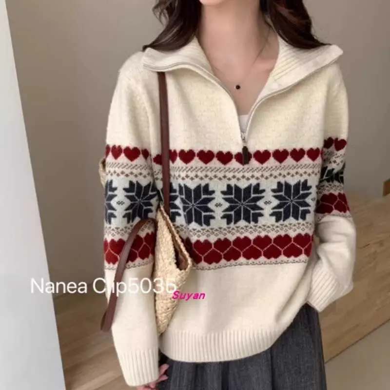 

Snowflake Jacquard Half-open Stand Collar Half-zipper Sweater for Women in Autumn and Winter New Thick Sweater Jacket Loose Top