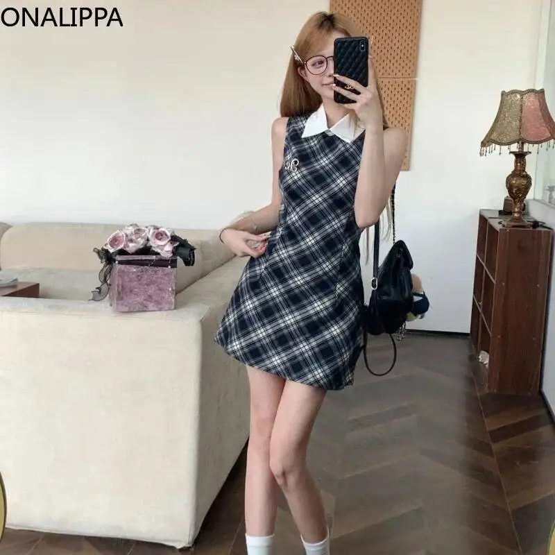 Onalippa Vintage Plaid Mini Dress Women Waist Belt Polo Collar Sleeveless A Line Dresses High Street Contrast Vestidos