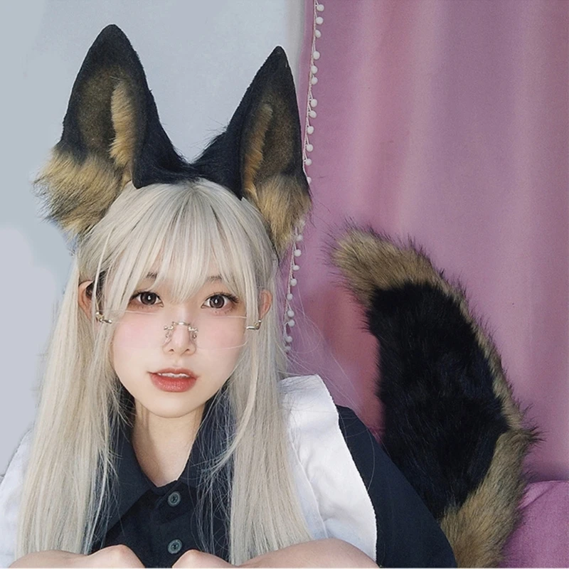 Handmade Plush Cats Ears Headbands Fauxs Furs Tail for Halloween Cosplay Party Costumes Accessories for Kids Adult 6XDA