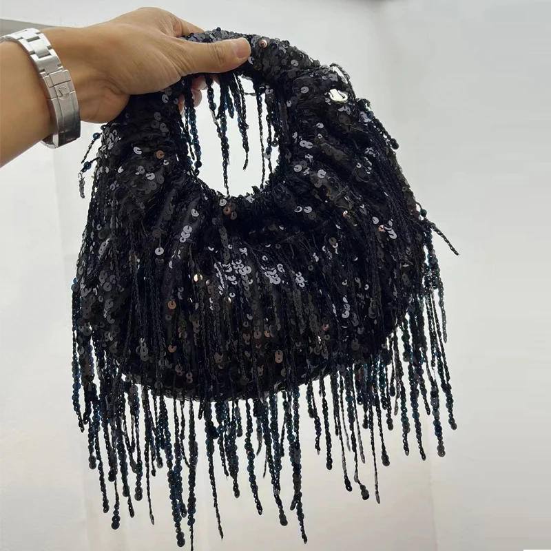 Sequin Beads Tassel Evening Clutch Party Bags For Women Luxury Designer Handbags 2024 New In Half Moon Chain Shoulder Crossbody