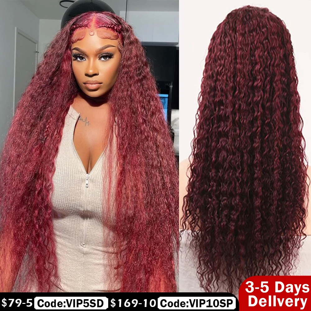 

99j Burgundy Lace Front Wig Curly Human Hair Wigs For Women Pre Plucked 30 Inch13x6 Hd Water Wave Red 13x4 Deep Wave Frontal Wig