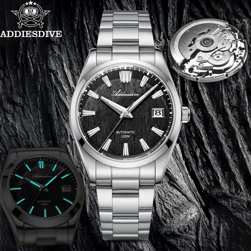 ADDIESDIVE Top Brand Men Automatic Watch NH35 Sapphire Glass Fashion Bark Texture Dial Waterproof Stainless Steel Men's Watches