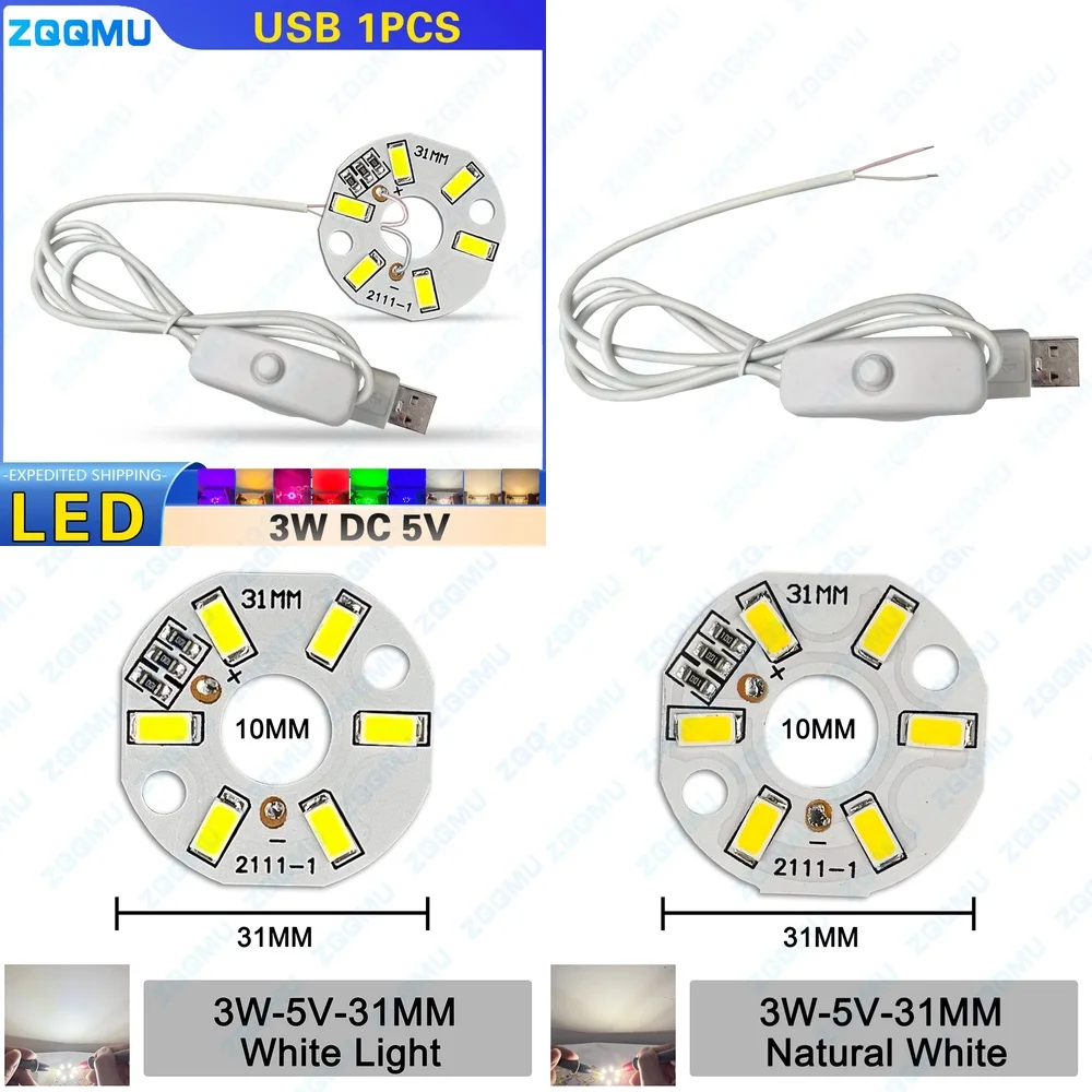 

Светодиодный чип с питанием от USB 5 В, 3 Вт, теплый белый, белый, красный, синий, модуль «сделай сам» с выключателем, кабель 1 м для освещения, проектов, ленты