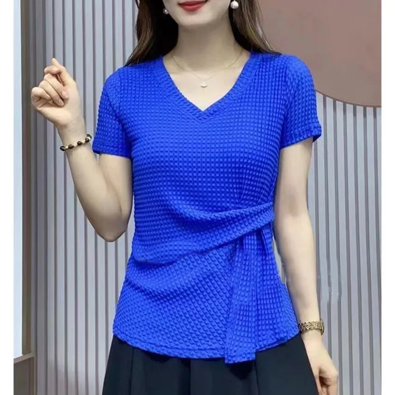 Fashion Solid Color Loose Folds Asymmetrical Blouse Women\'s Clothing 2023 Summer New Oversized Casual Pullovers Irregular Shirt