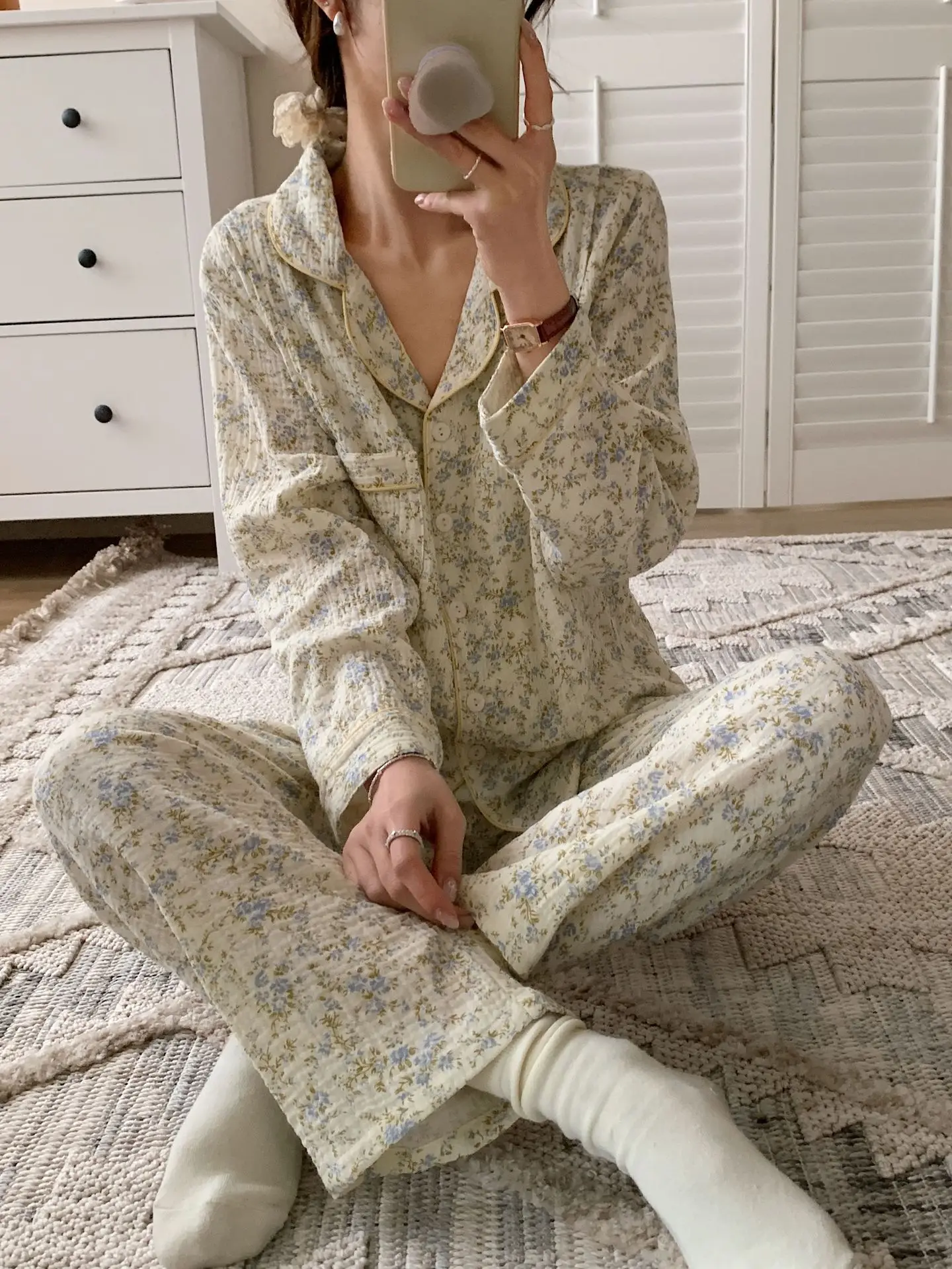 Pure Cotton Spring New Maternity Pajamas For Feeding Room Wear Floral Print Long Sleeve Trousers Breastfeeding Clothes