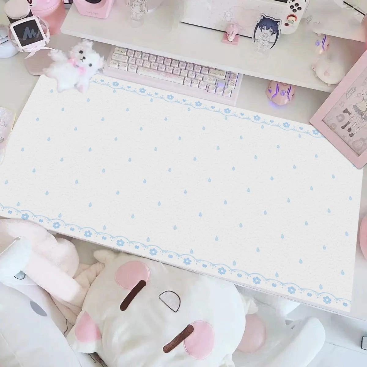 Fish Cake Bow Raindrop Pixel Star Blue Leather Desk Pad Protector Y2K Mouse Pad Office Desk Mat Non-Slip PU Desk Blotter Pad
