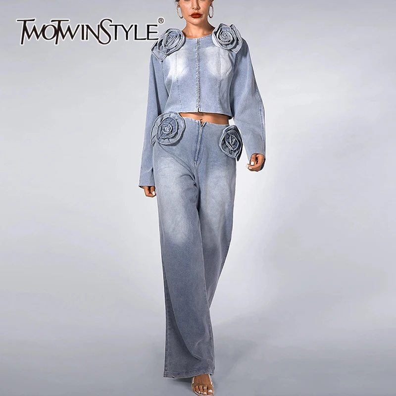 TWOTWINSTYLE Spliced Appliques Two Piece Sets For Women Round Neck Long Sleeve Coat High Waist Wide Leg Pant Denim Set Female