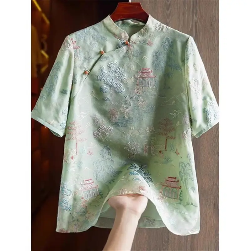 

2025 Summer Women's Lightweight Blouse - Modern Chinese Chic Embroidery Tunic, Asian Style Button Shirt Casual Loose Fit Top G44