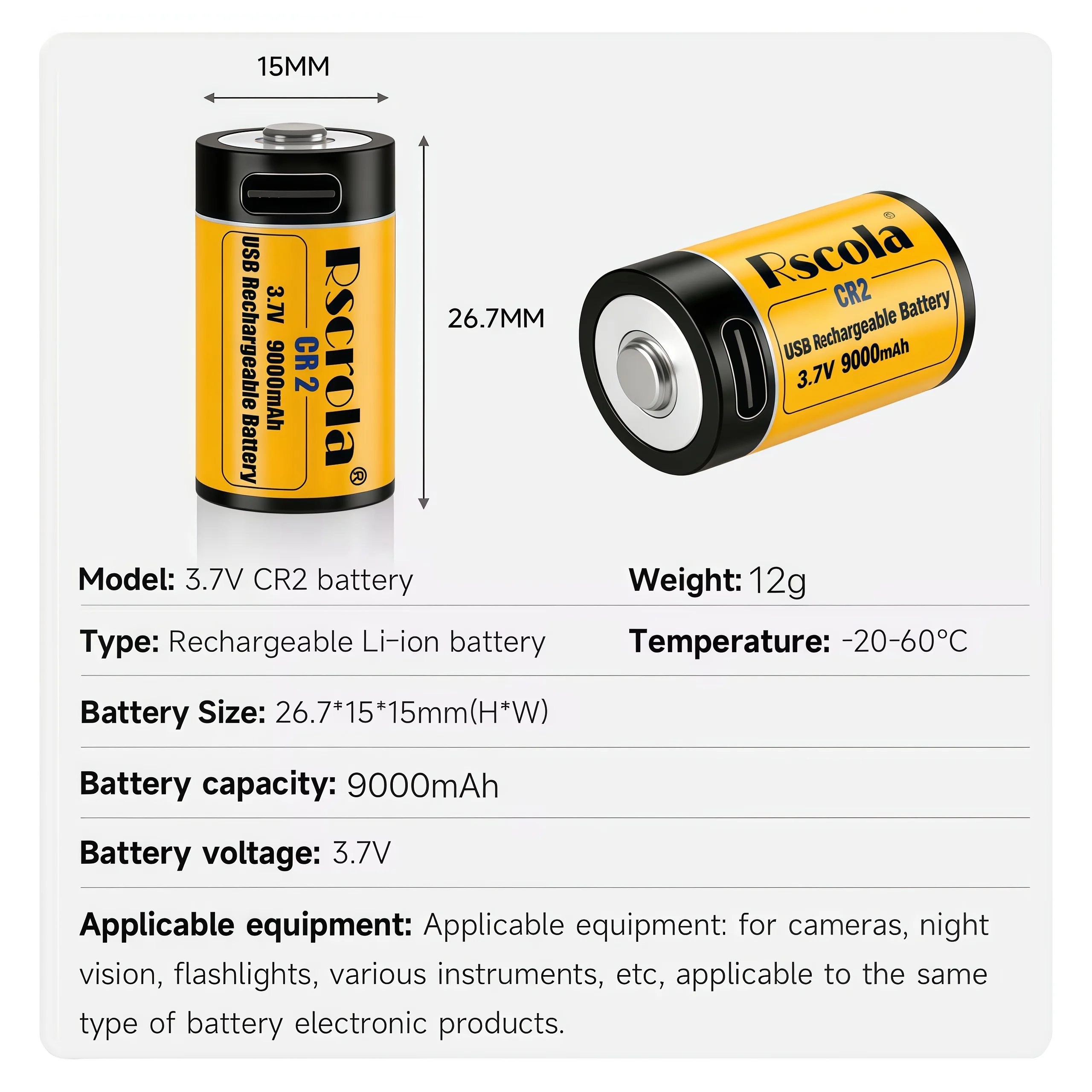 Long Lasting CR2 3.7V Rechargeable Lithium Cell USB Charging Replacement Battery for Flashlight Smart Doorbell Security Alarm
