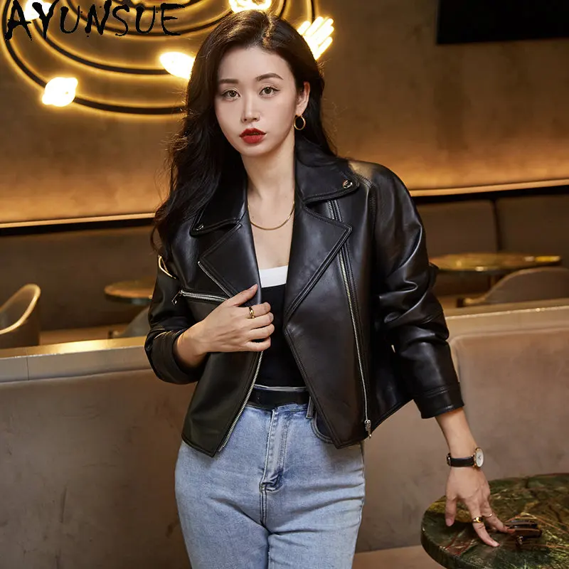 AYUNSUE Real Sheepskin Coat Womens Leather Jacket Short High Waist Genuine Leather Jackets Woman Biker Coats Casaco Feminino