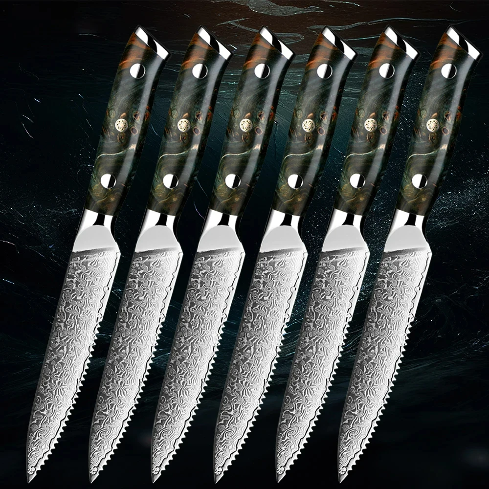 

6PCS Steak Knife Set Damascus Steel Ultra Sharp Kitchen Hotel Bar Dinner High Quality Steak Knife Durable Stabilised Wood Handle