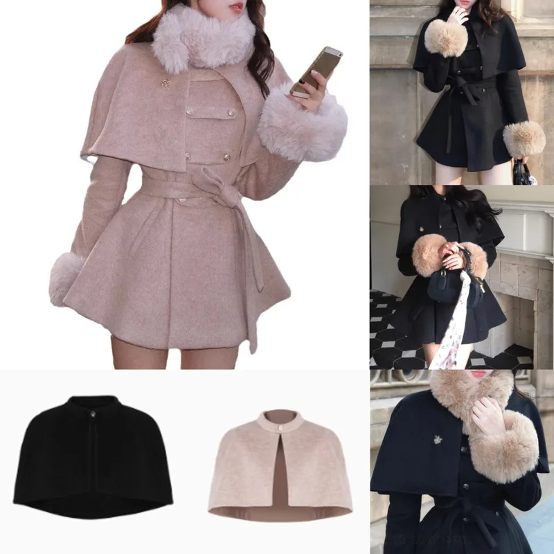 

Bow Coat Detachable Cape Girl Korean Y2K Wool Blend A-Line Peacoat Girl Magical Witch Long Sleeve Stand Collar Outerwear Top New