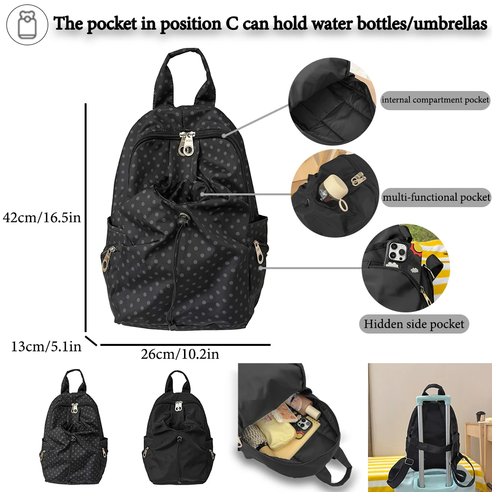 

Polka Dot Nylon Backpack, Multi-Pocket Rucksack with Water Bottle Holder & Luggage Strap for Daily Commute & Travel