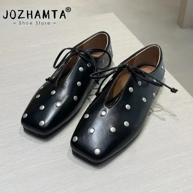 JOZHAMTA Size 34-43 Women Casual Loafers Genuine Leather Flats Shoes Thick Low Heels For Spring 2025 Slip On Office Daily Dress