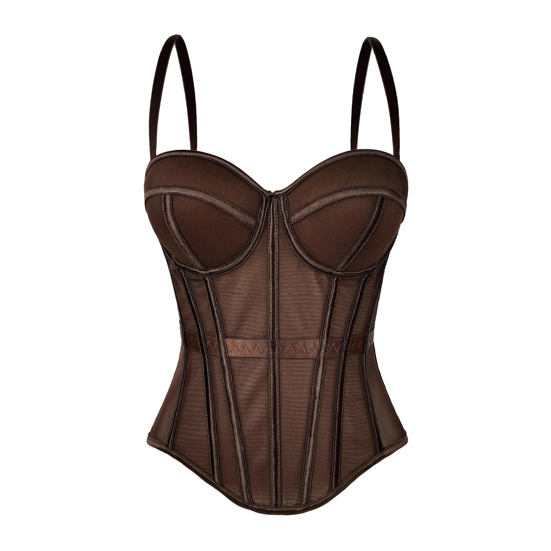

European Solid Color Fishbone Corset Bra with Pads, Sexy Sheer Mesh Bustier Camisole for Women as Outerwear