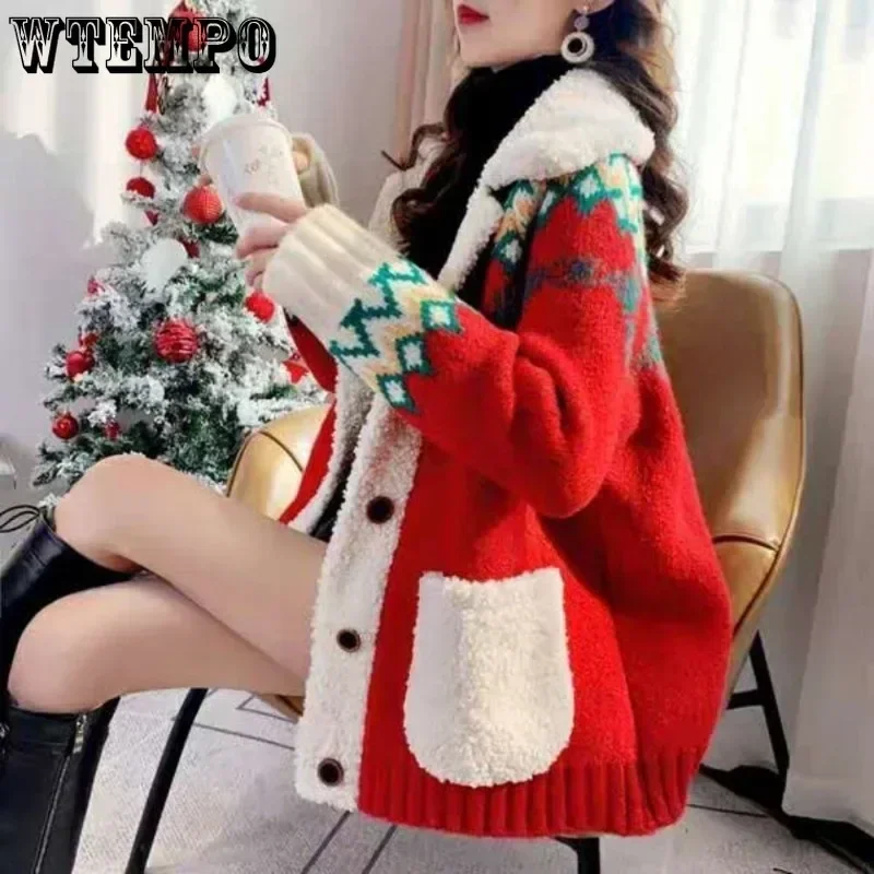 WTEMPO Women Fleece Sweaters Christmas Red Knitted Cardigan Thickened Autumn Winter Knitwear Loose Plush Knitted Coat