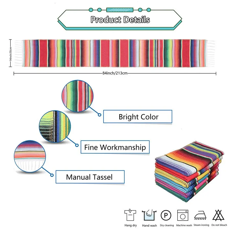 

Набор мексиканских скатертей-дорожек 14 x 84 дюйма, радужные цвета, большие, в стиле бохо, для украшения вечеринок в мексиканском стиле, для праздника Синко де Майо, 6 шт.