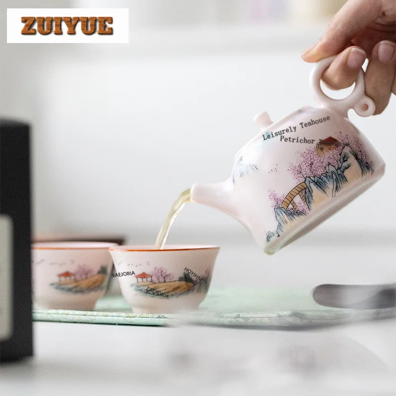 Pink Ru Kiln Underglaze Colour Landscape Tea Set Complete Set Luxury Tea Ceremony Set Teapot And Tea Cup Set Cha Ornaments Craft