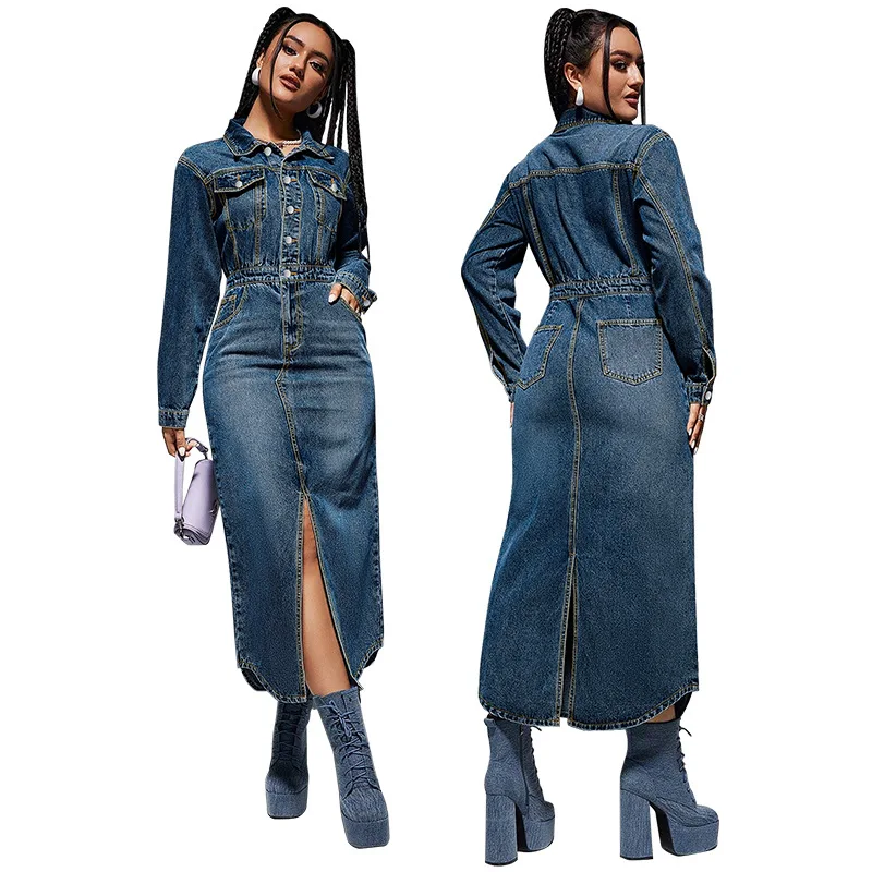 Autumn Winter Women Denim Long Dress Outwear Long Sleeves Turn Down Neck Buttons Sexy Split Sheath Party Dresses Fashion