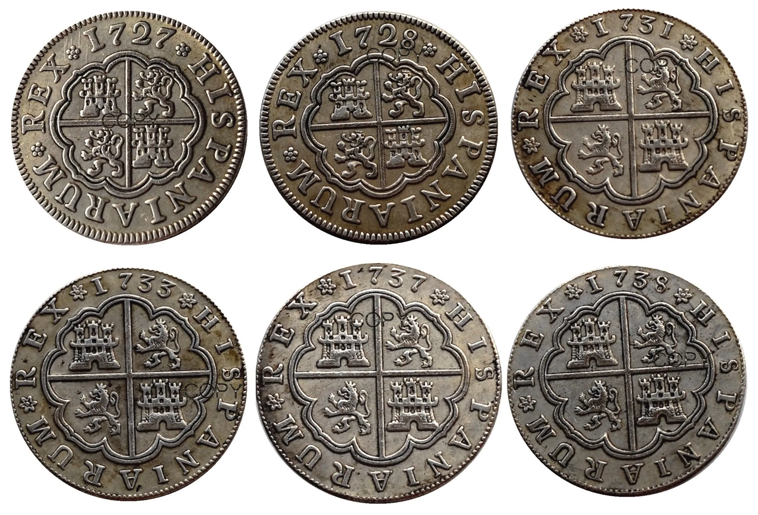 Spain Resl 1727-1738 6PCS Silver Plated Copy Coins