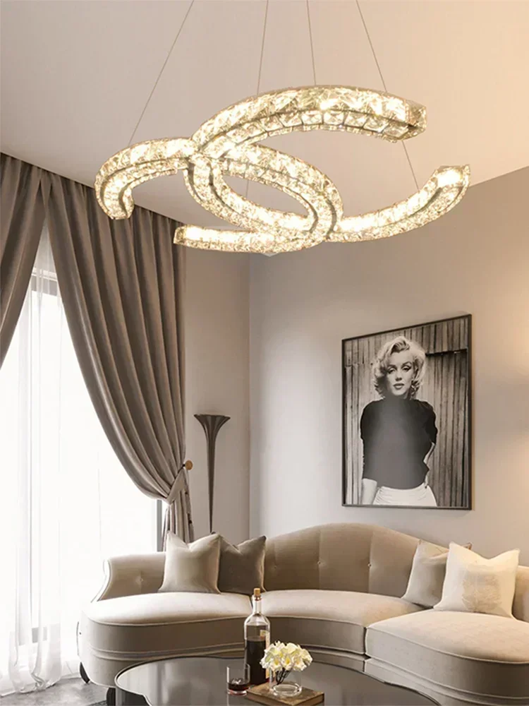 Stainless Steel Circular Crystal Modern LED Pendant Lamp Living Room Bedroom Dining Room Lamp Fixture C-shaped Home Lighting