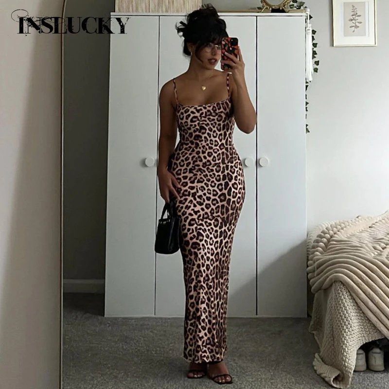 

InsLucky Leopard Print Spaghetti Strap Dress For Women Strapless Slim Backless Sexy Elegant Dress Aesthetic Y2K Party Streetwear