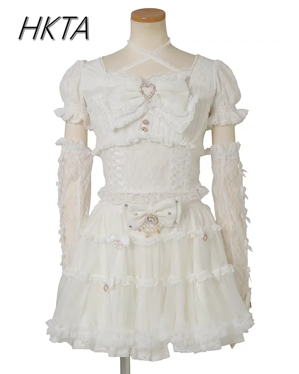 اليابانية الحلو الصناعة الثقيلة الربط كم حزام مقوس دانتيل قميص دانتيل الصيف الخريف جديد مطاطا سليم طويل الأكمام التي شيرت