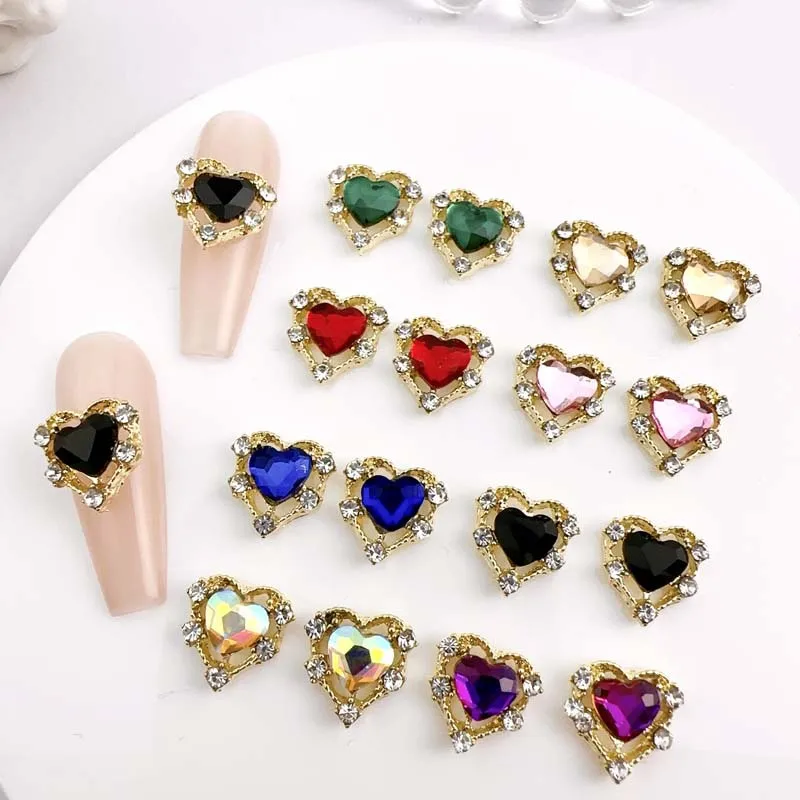 10 Stück Luxus Legierung Nagel Charms Herz Strass Kristall Nail Art Dekorationen DIY Zubehör Y2k