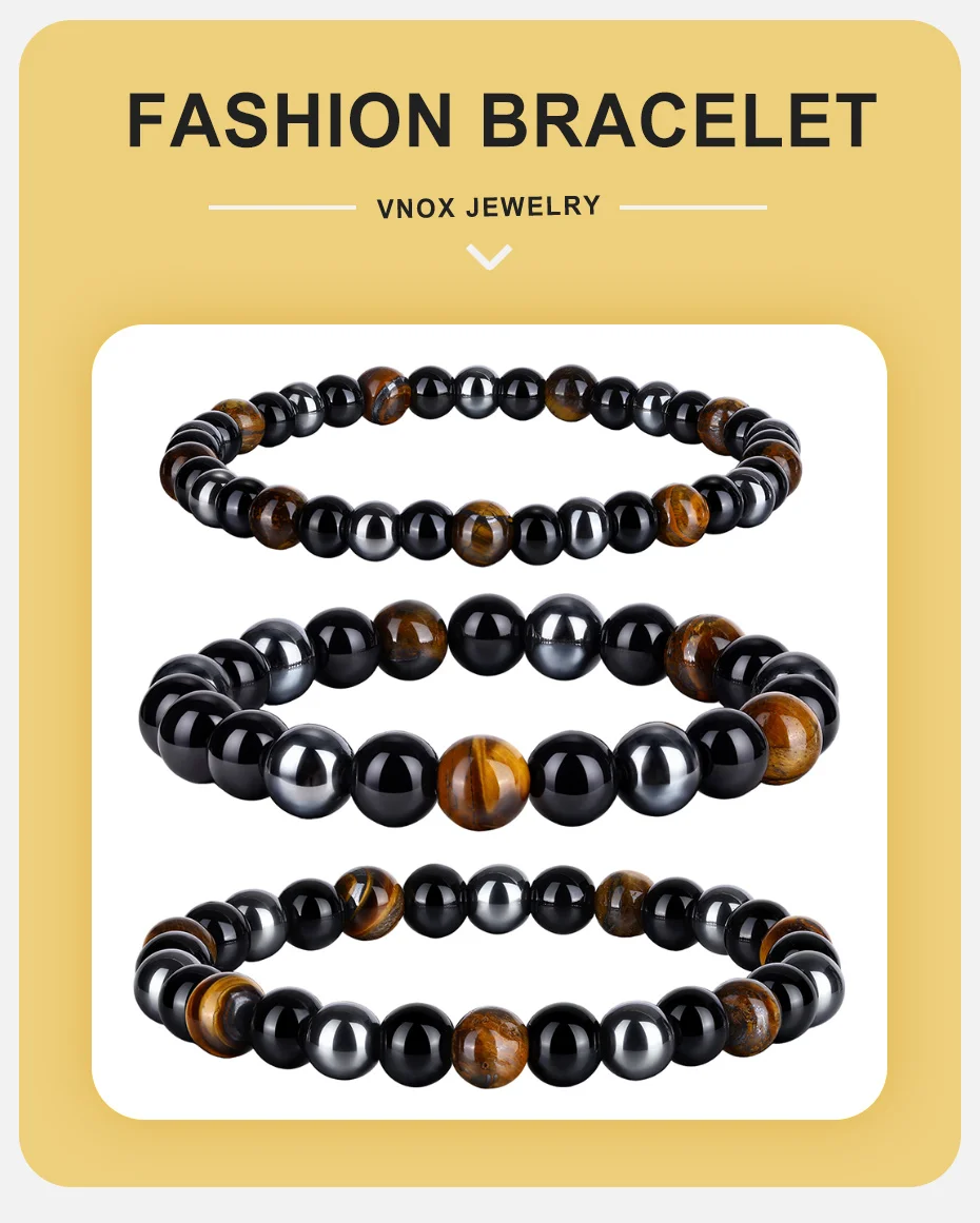 Vnox 6/8/10mm Breites Perlenarmband für Männer, Tigerauge Hämatit Schwarzes Glasstein Stretch-Armband, Elastischer Handgelenkschmuck Geschenk – Detail 1