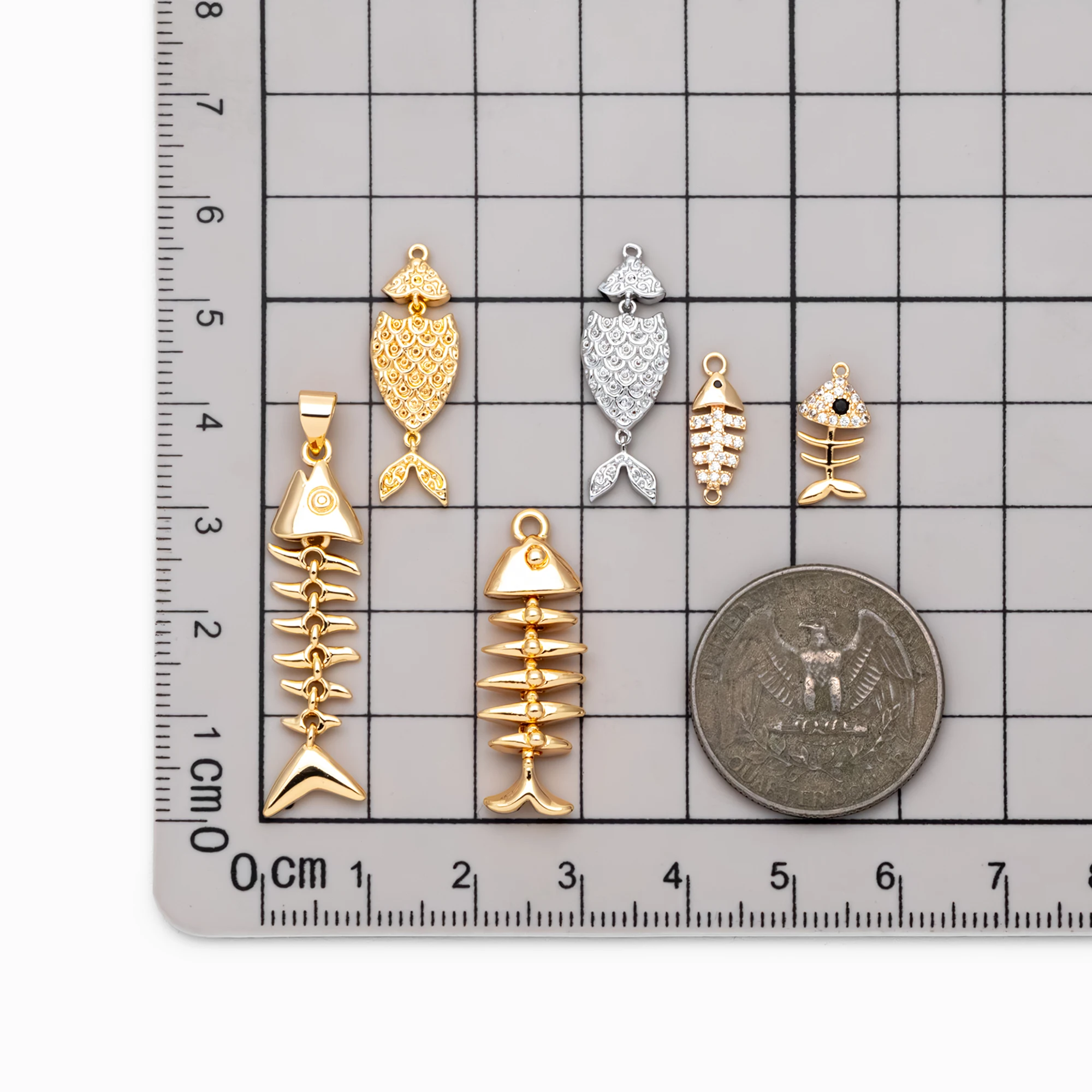 4pcs Gold/ Silver Tone Fishbone Charm, Gold/ Rhodium Plated Brass Fishbone Pendant, Skeleton Pendant (GB-2936)
