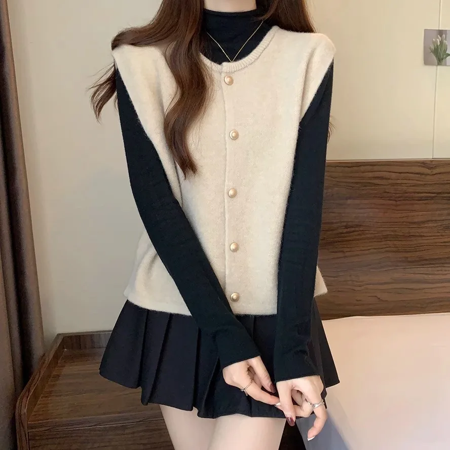 

Женский вязаный жилет с верхним слоем на одной пуговице, мягкий Sle, модный, универсальный, для поездок на работу, полиэфирная ткань, круглая, Ne