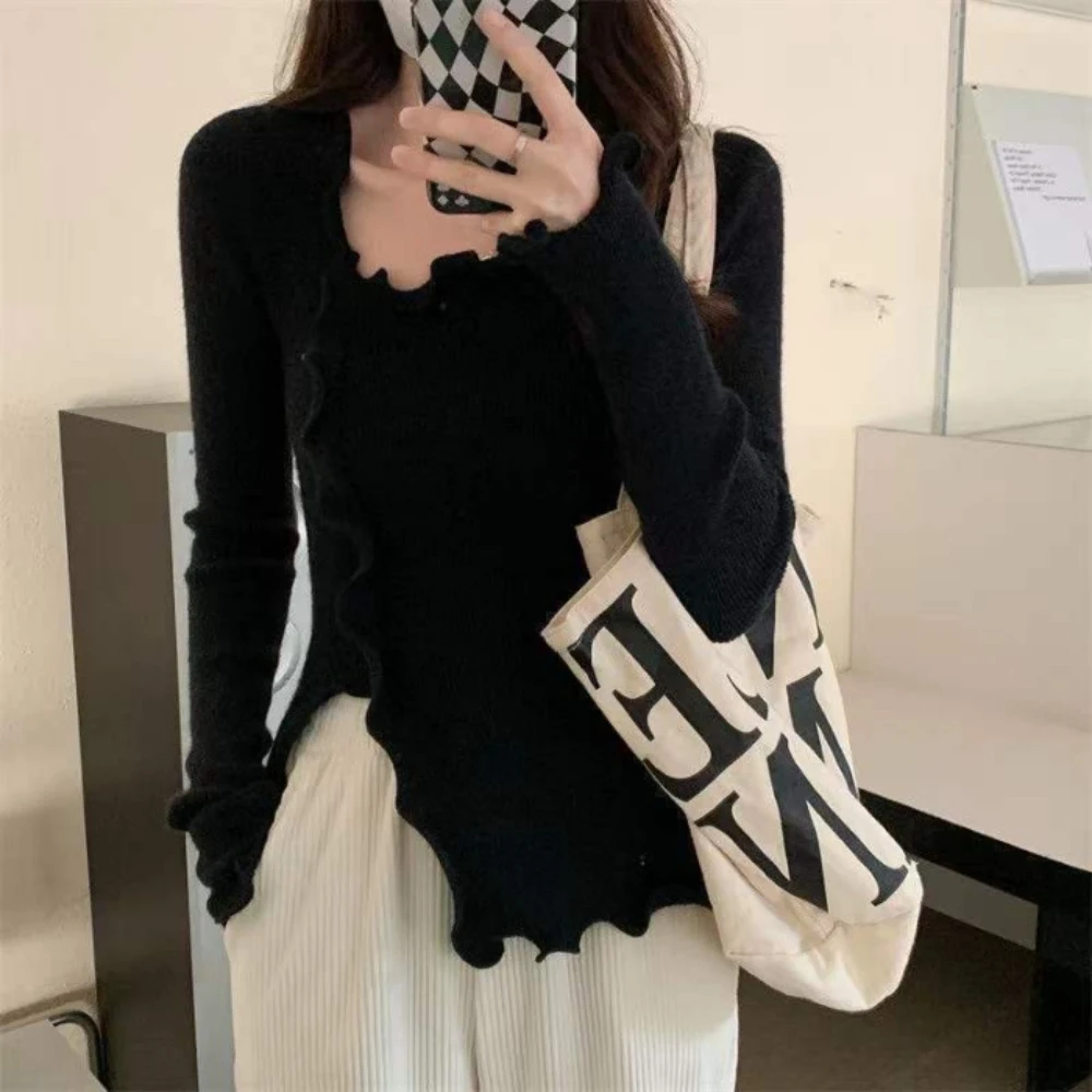 Long-sleeved Solid Color Wooden Ear Trim Irregular Slim Women's Knit Sweater Sehe Fashion