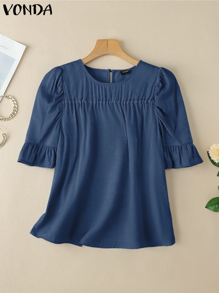 

2025 Summer Office Elegant Tops VONDA Ruffled Blouses Women Half Sleeve Shirts Solid Color Casual Loose Blusas Femininas